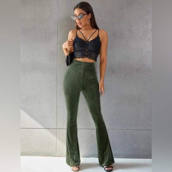 Dark green velvet stretchy pants. - Picture 2 of 6